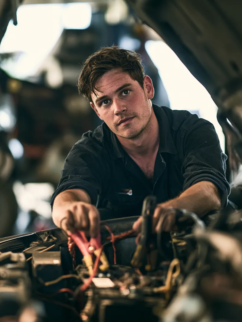 Mechanic connecting jumper cables while diagnosing a battery and starter problem