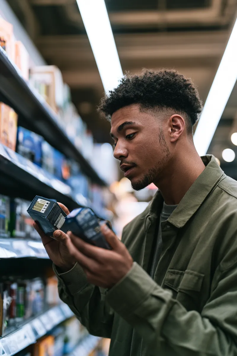 Comparing car battery prices and warranty labels in a store aisle