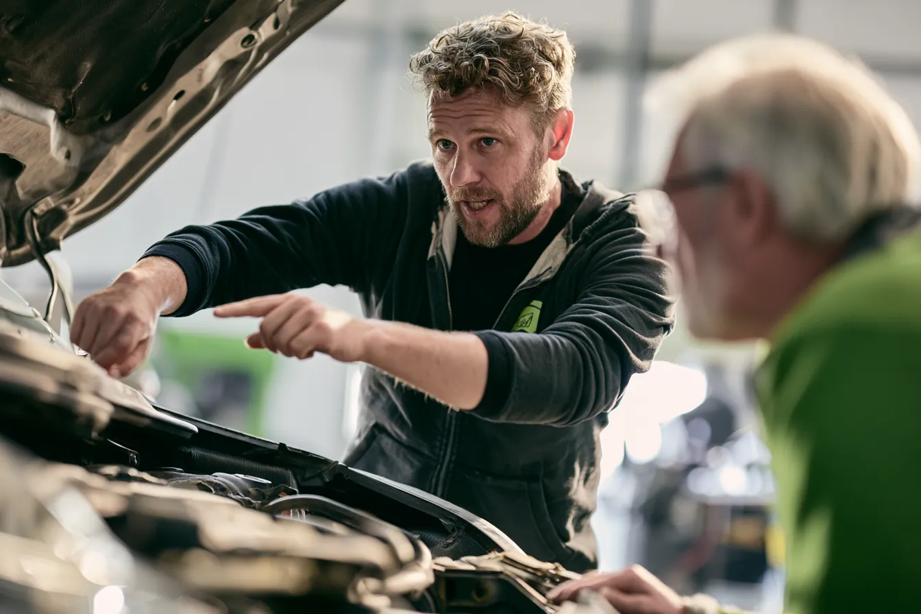 Mechanic pointing at an open engine bay while explaining costs