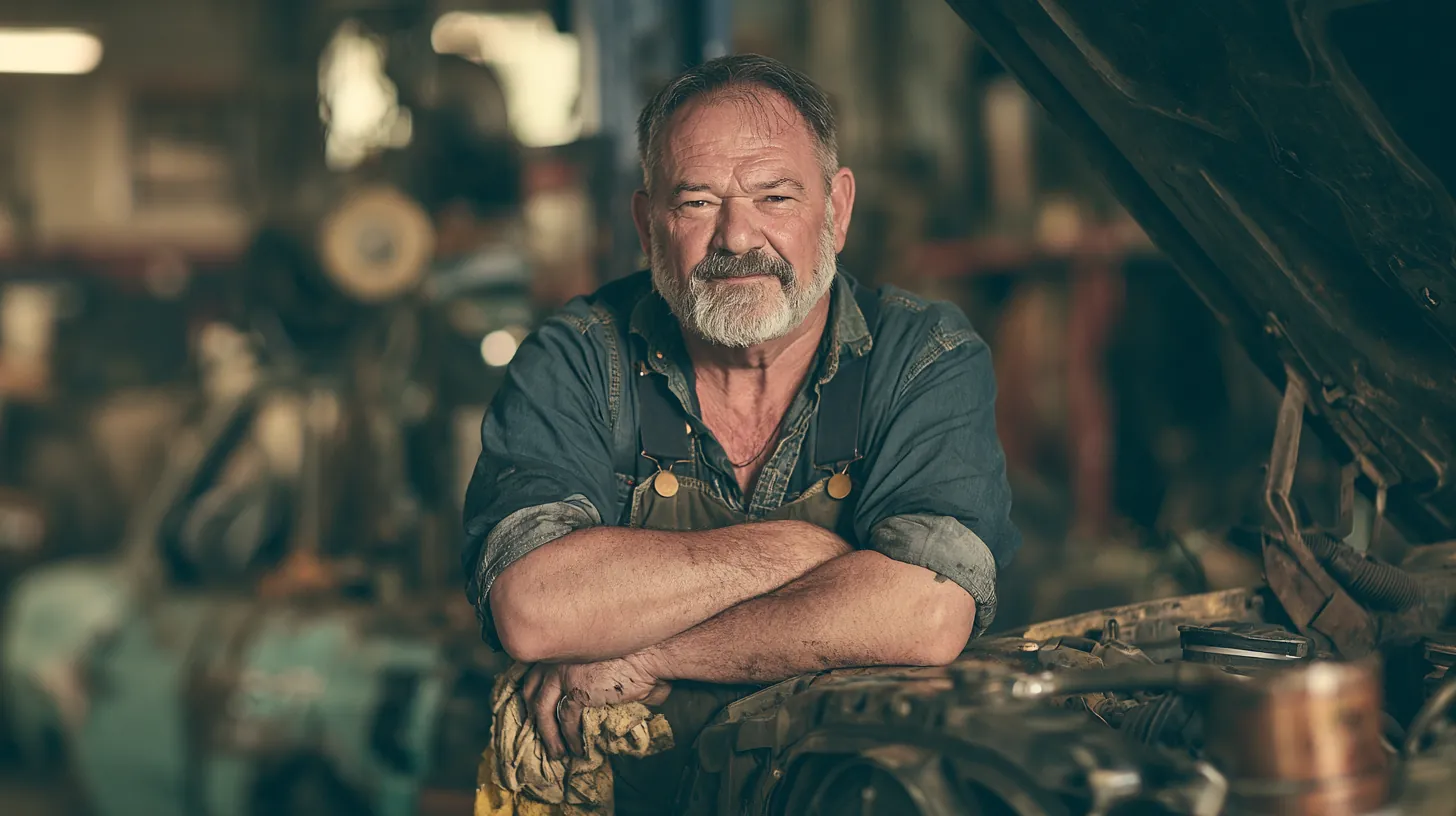 Veteran mechanic beside an open engine bay