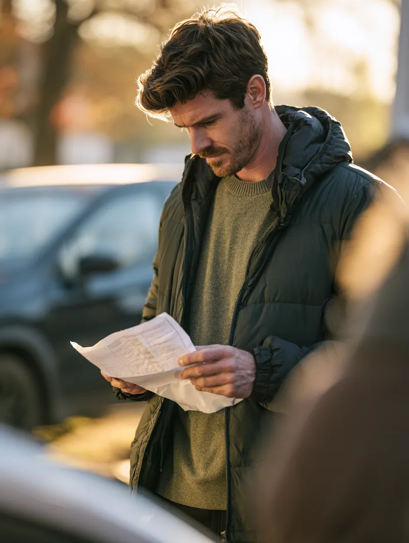 Reviewing auto repair loan eligibility documents outdoors on a clipboard