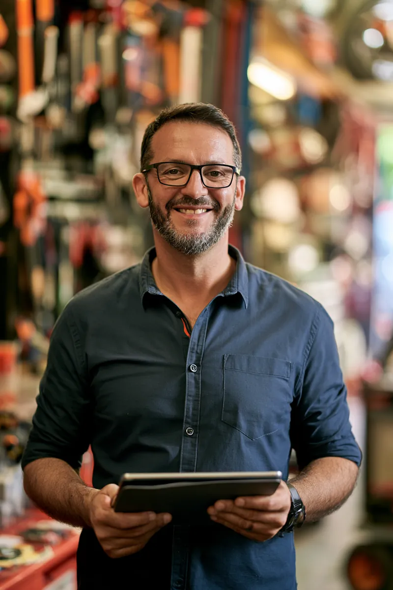 OpenRoad Lending advisor holding a tablet with loan options