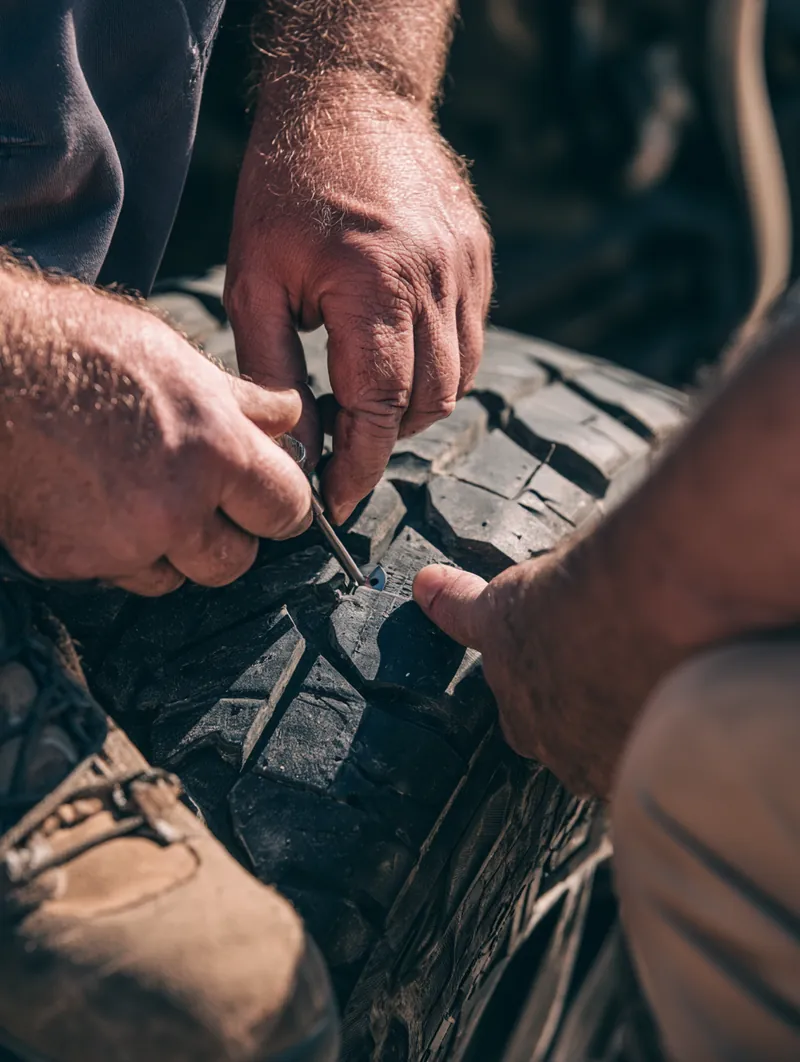Measuring tire tread depth with a gauge to time a tire purchase