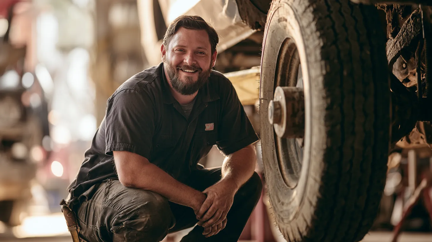 Shop owner checking a tire on a lifted car
